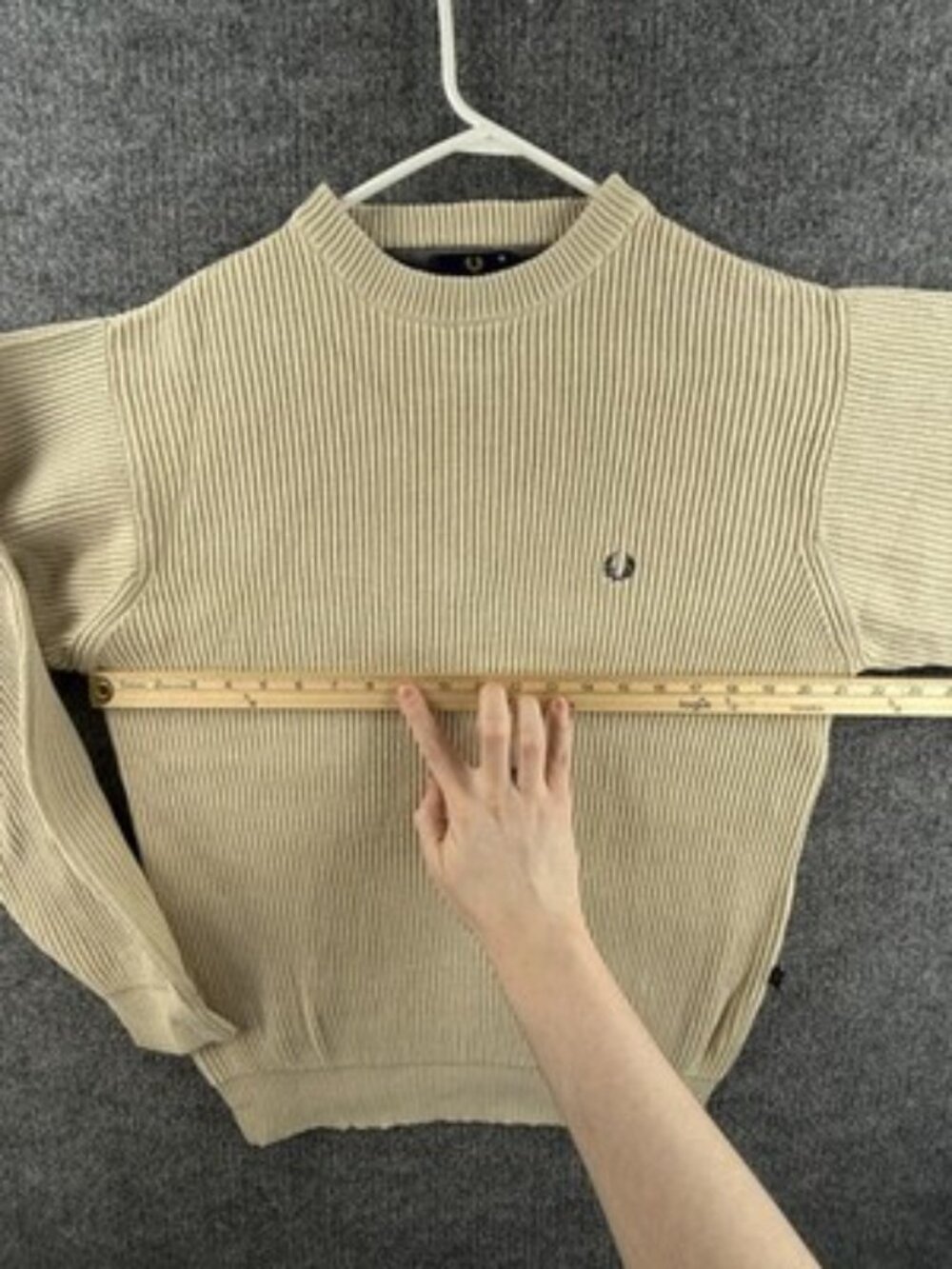 Fred Perry Long Sleeve Beige Cotton Medium Crew Neck Sweater Pullover Logo Solid View 6